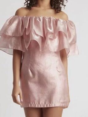 Off-Shoulder Pink Metallic Ruffle Mini Dress XS